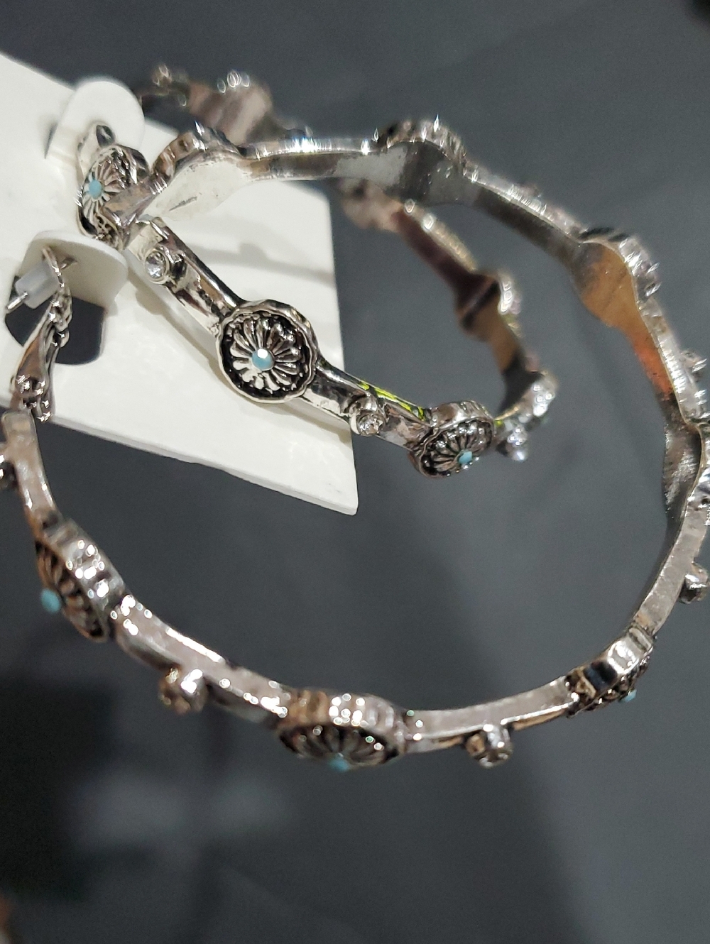 Lucky Brand silver tone turquoise hematite boho gypsy style dotted hoop earrings